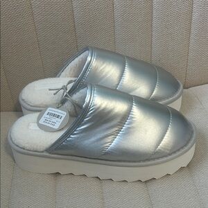 Anthropologie Silver Quilted Slippers
